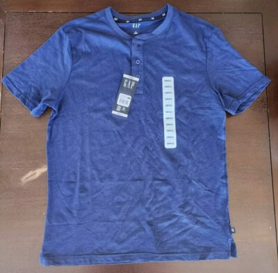 GAP Men's Soft Short Sleeve T-shirt (Size SMALL) Slub Henley, BLUE MSRP $34.95