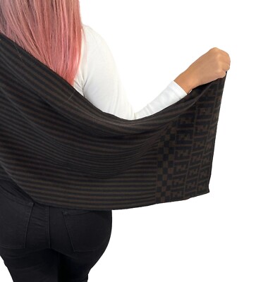 FENDI Zucca Stripe Wrap Scarf #42 Fashion Accessory Brown Black