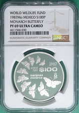 1987MO MEXICO SILVER 100 PESOS MONARCH BUTTERFLY NGC PF 69 ULTRA CAMEO
