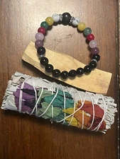 7 Chakras 4" Smudge Sticks White Sage- Aromat Cleansing+Palo Santo+ Bracelet 7