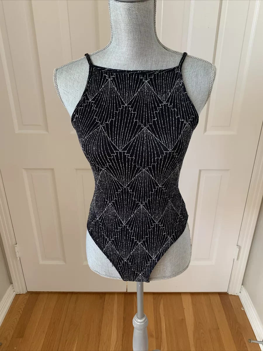 Divided H&M Bodysuit Black Silver Bling Sparkle Spaghetti Strap Tank Top￼￼￼  Sm