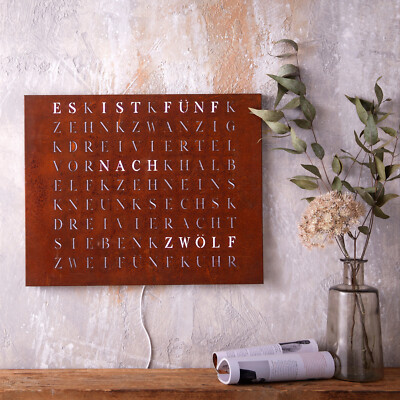 WordClock Jupiter Eisen Rost - LED Wanduhr - Designer Wortuhr im Industrial Stil