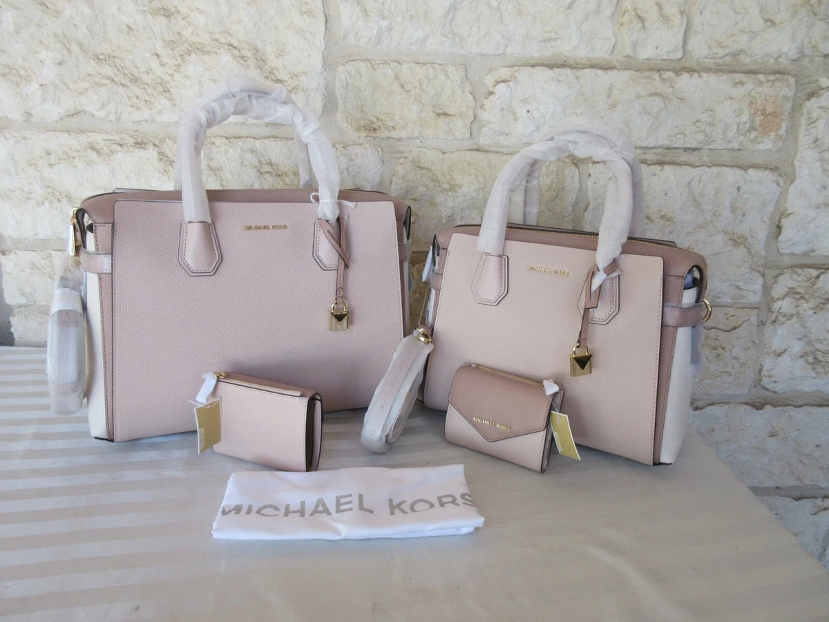 Michael Kors Mercer Medium Pink Pebbled Leather Top Zip Belted Satchel