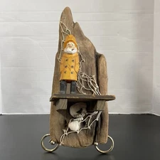 Wooden Sailor Figurine with Seashell Fishing Net Shark Tooth Coastal Decor Wood