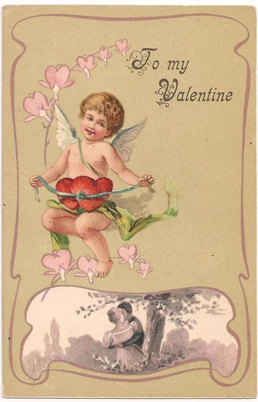 ANTIQUE VALENTINE Postcard, ANGEL HOLDING HEARTS, GERMAN, 1907
