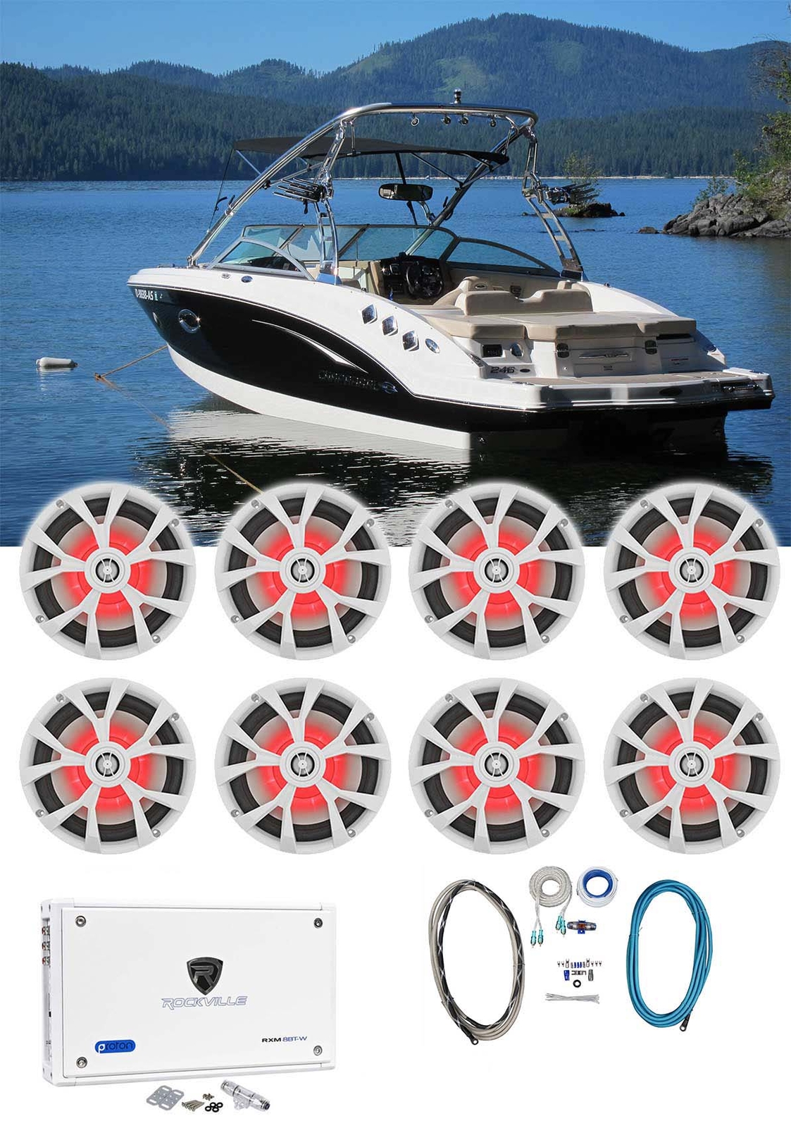 8 Rockville RKL80MB 8 белых светодиодных динамиков для морских судов8-канальный усилитель Усилитель комплект усилителей