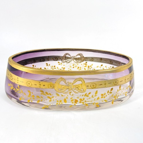 Antike böhmische Moser Glas lila getönt handbemalt Emaille Band ovale Schale - Bild 1 von 10