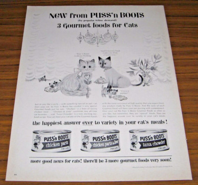 1964 Print Ad PUSS'n Boots Cat Food in Cans Happy Cats & Kittens Cartoon