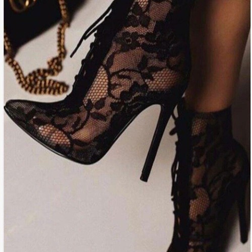 Mujeres Botas al Tobillo de Malla Punta Bombas Con Cordones Delgadas Tacones Altos Zapatos de Fiesta