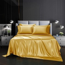 AiMay 4 Piece Queen Size Satin Bed Sheet Set Deep Pocket Solid Golden Color L...