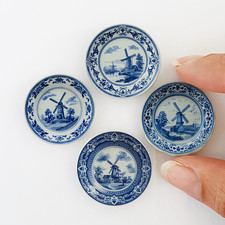 Blue Delft Windmill Ceramic Plates Set Miniatures Dollhouse Kitchen Decor