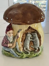 Majolica Mushroom Humidor With Elf Playing Guitar & Dancing Mice - Rare!