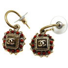 CHANEL Stud Earrings CC Logo Gold Tone/Red & Clear Rhinestone 06P 2006 Vintage