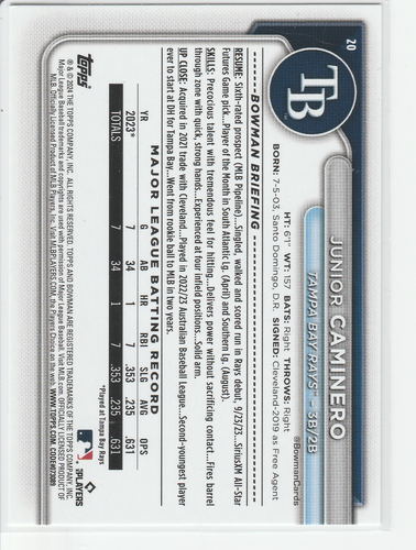 Junior Caminero 2024 Bowman #20 Rookie RC Tampa Bay Rays - Imagen 2 de 2
