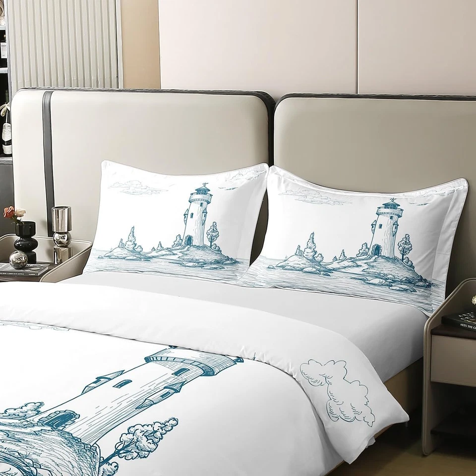 Cotone, Copripiumino 240 X 260 Faro, Set Di Biancheria Da Letto Nautico, Set Da - Immagine 4 di 4