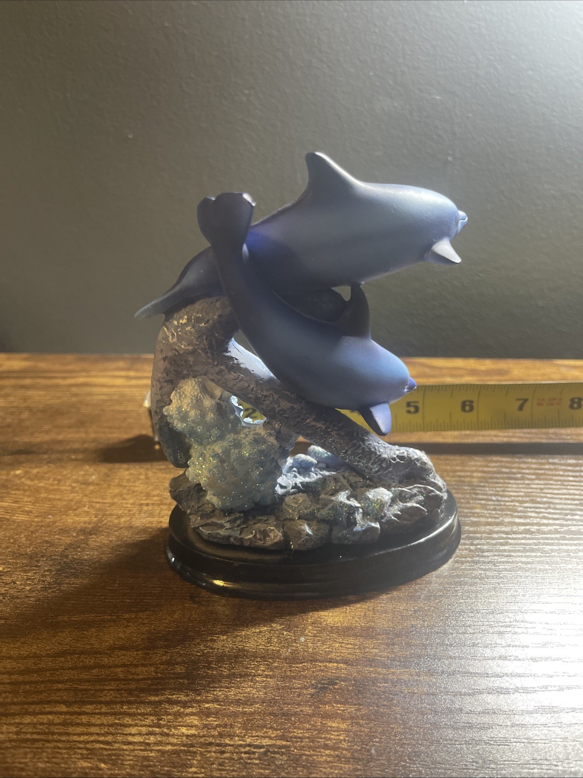 Blue Dolphins Figure Swimming Around Coral Statue Sea Life Figurine Decor