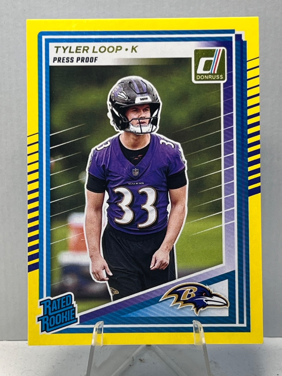 Tyler Loop 2025 Donruss Press Proof Yellow RC Baltimore Ravens #382