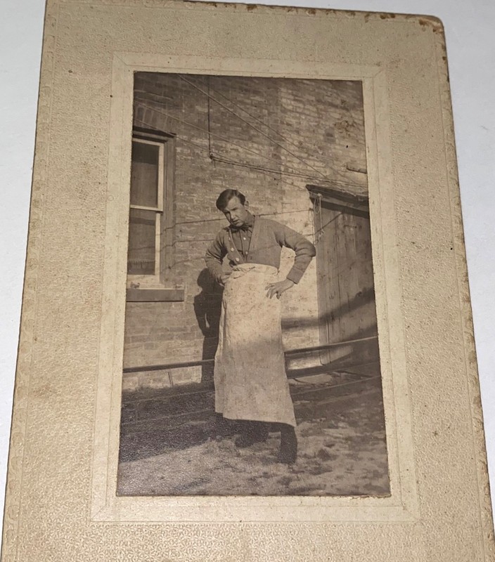 Rare Antique American Occupational Butcher in Apron Snowy Outdoor Cabinet Photo!