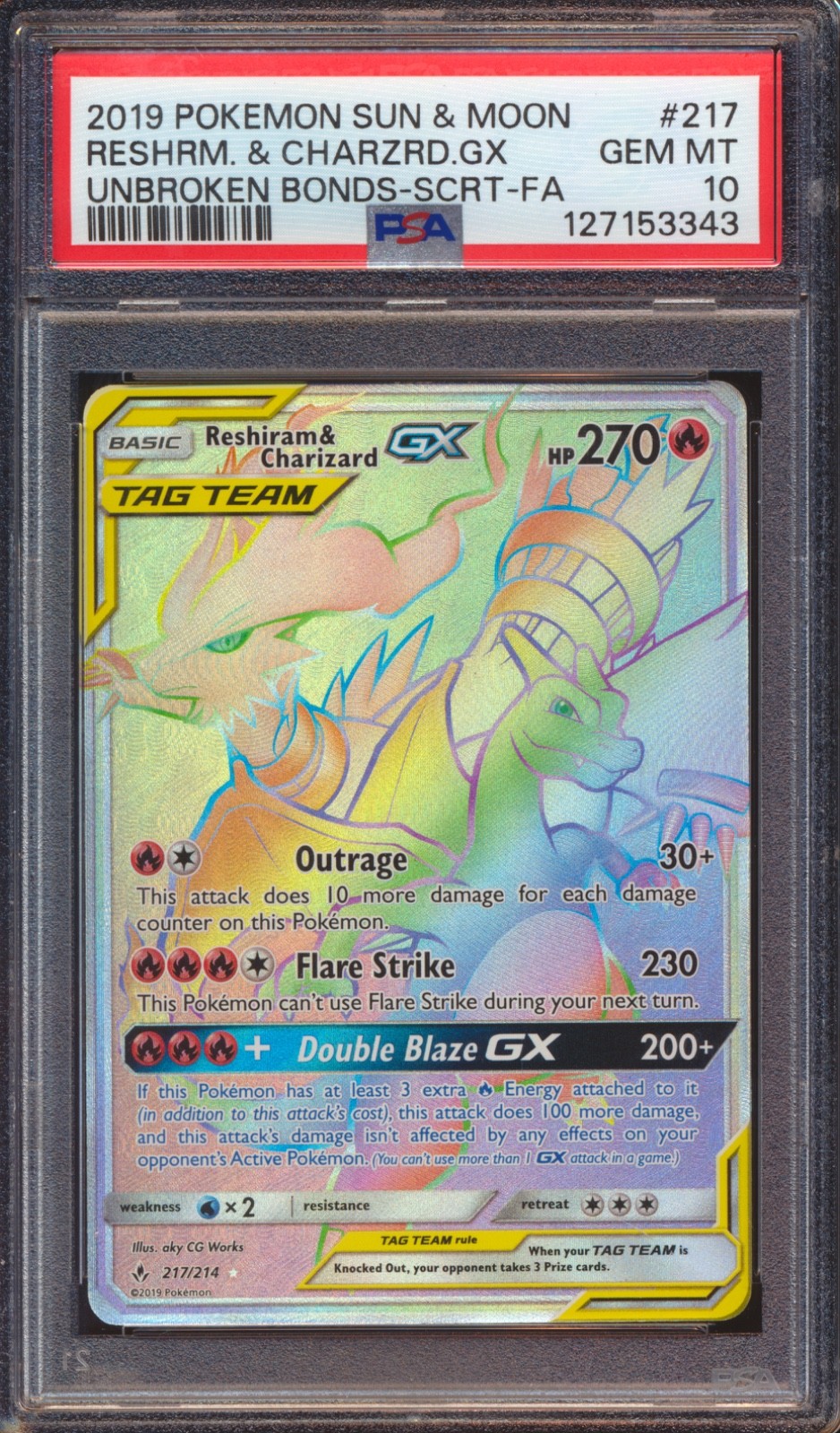 2019 POKEMON UNBROKEN BONDS RESHIRAM & CHARIZARD GX SECRET FA 217 PSA 10!