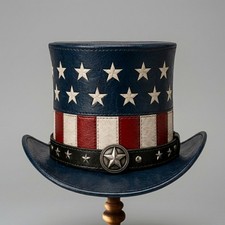 Patriotic Leather Top Hat: Stars Stripes Western Rodeo Style