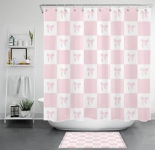 Modern Vintage Checkered Cute Pink Bow Shower Curtain Bathroom Accessories Set