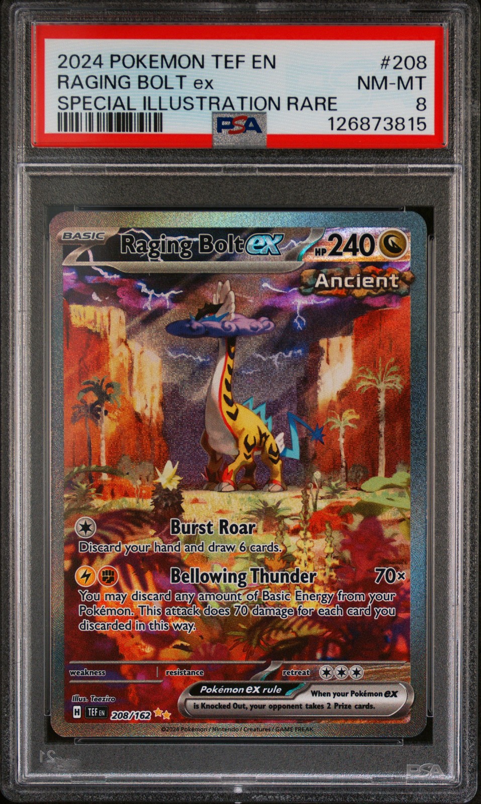 2024 POKEMON TEF EN-TEMPORAL FORCES #208 RAGING BOLT EX PSA 8