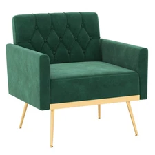 Modern Velvet Accent Chair w/ Button Tufted Back Golden Metal Legs & Foot Pads