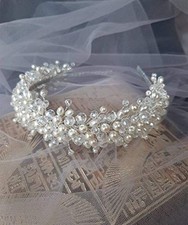 Aimimer Bridal Crystal Pearl Headband Handmade Tiara Crown Luxury Wide Hair