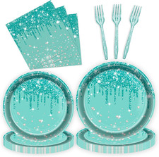 96 Pcs Blue Green Silver Birthday Party Plates Napkins Forks Supplies Tableware