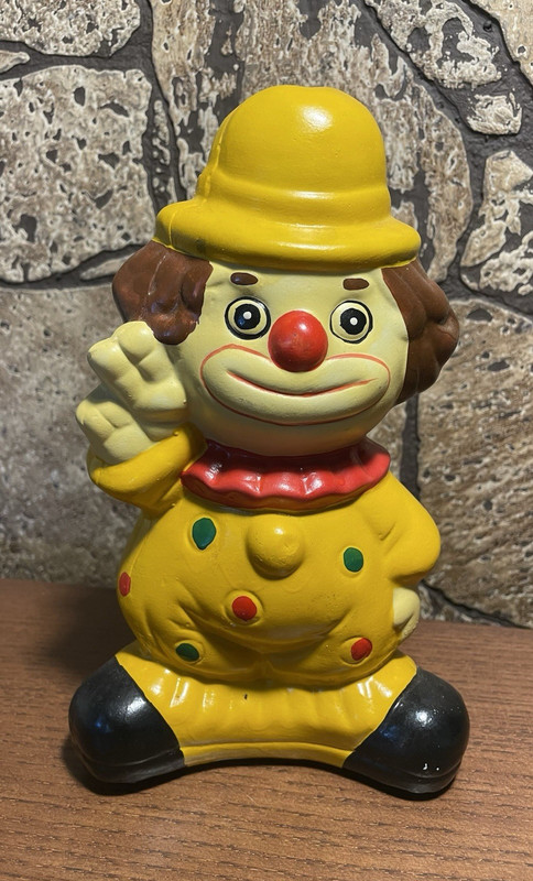 Vintage Clown Character Ceramic Piggy Bank Yellow Hat Red Nose