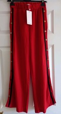 BNWT Cherry Red Black Stripe Wide Leg Trousers Snap Poppers Split Leg Uk 6