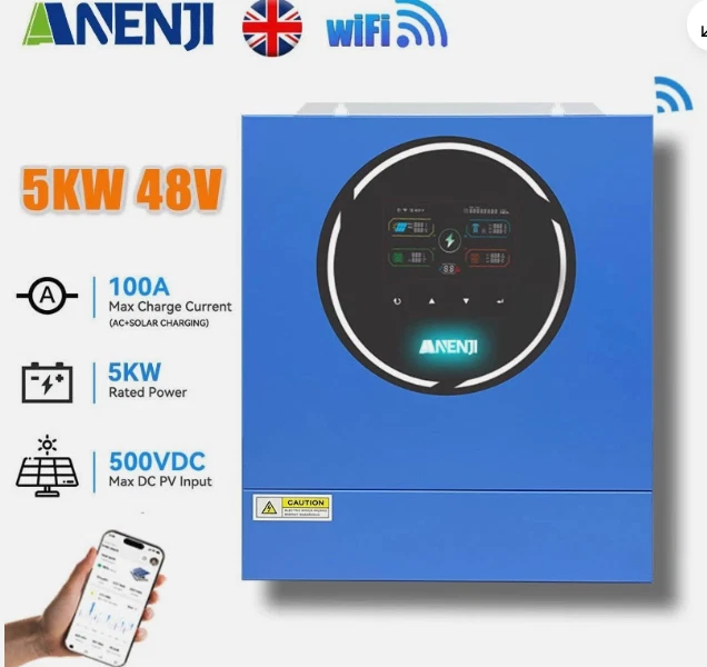 5KW 48V Hybrid Solar Inverter On/Off-Grid MPPT Charger 100A 500V WIFI Pure Sine - Image 1 of 4