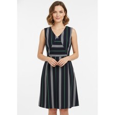Beautifully Couture Blue Green Striped Sleeveless Lined V-Neck Dress, Small
