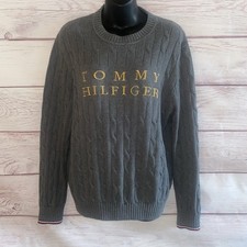 Tommy Hilfiger Mens M Cable Knit Sweater Gray Spellout Logo Old Money Preppy