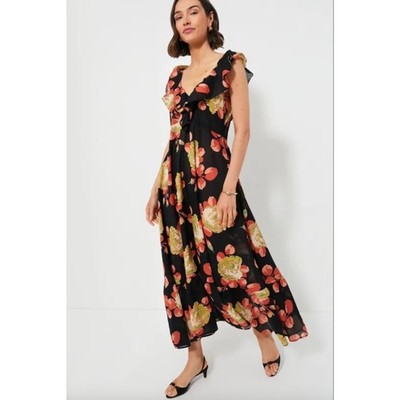 NWT The Great. Cabbage Rose The Bridge Midi Fall Dress Black Orange Size 0 XS