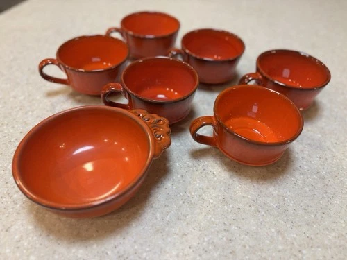 Metlox Poppytrail Pottery Red Rooster Cups Set Of PLUS BOWL, 7 Pieces