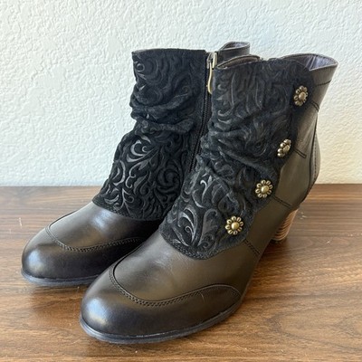 L Artiste Spring Step Belgard Black Leather Velvet Booties EU 39 US 8.5 Floral
