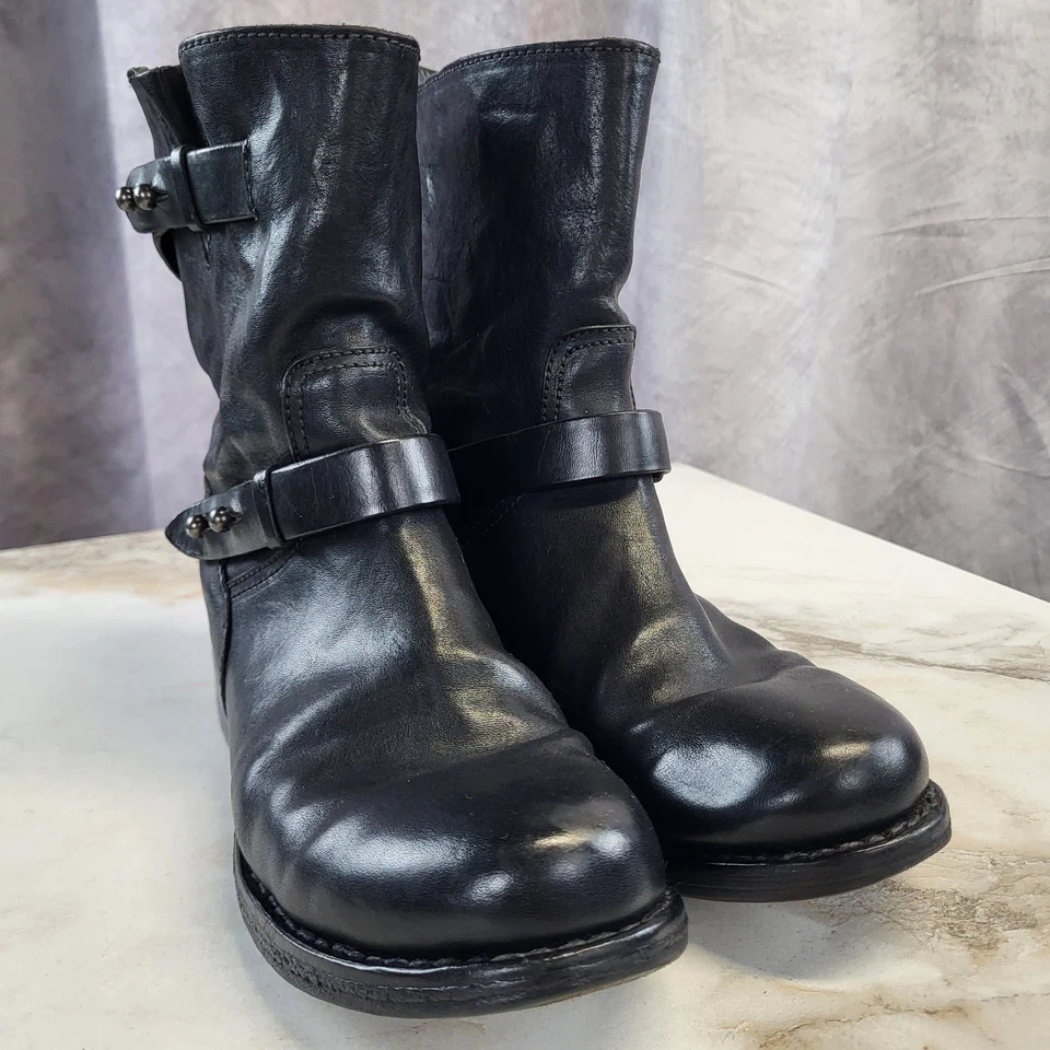 Botas ribeteadas Rag & Bone media pantorrilla moto motociclista hechas a mano negras para mujer 36/6 Foto 3 de 4