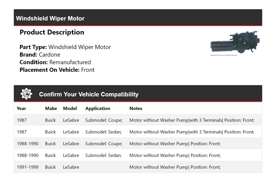 For 1987-1999 Buick LeSabre Windshield Wiper Motor Front Cardone 1988 1989 1990 - Image 2 of 4