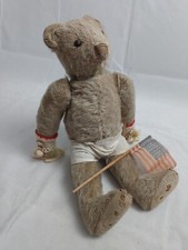Antique 13" Teddy Bear Early Mohair Pads Worn Bunny Gloves American Flag