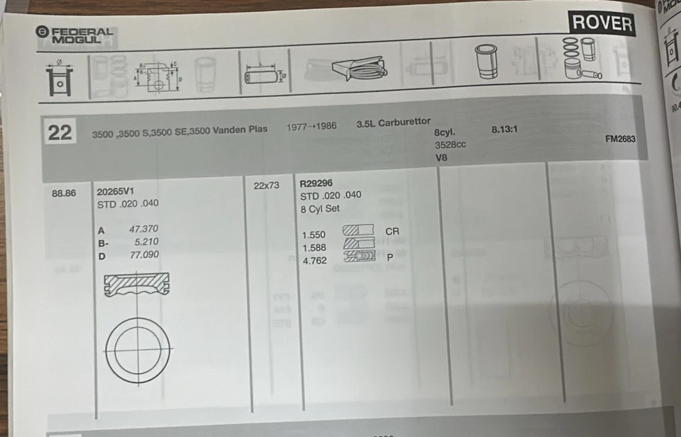Conjunto de pistón 8 Cyl X AE. 20265V1 STD 88,862 MM se adapta a Land Rover Range Rover V8 3500 Foto 2 de 4