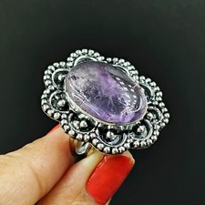 Natural Amethyst Oval Gemstone 925 Sterling Silver Ring Size-7.5 US