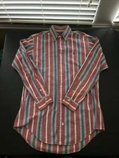 Men Polo Ralph Lauren Custom Fit Red Blue Stripe Dress Shirt Size M Golf