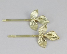 set 2 Gold Laurel leaf leaves bobby bobbi pins clip barrette hairpin accessory