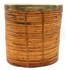 Rattan & Brass Rim Vintage Mid Century Large Oval Basket Planter Made In Italy