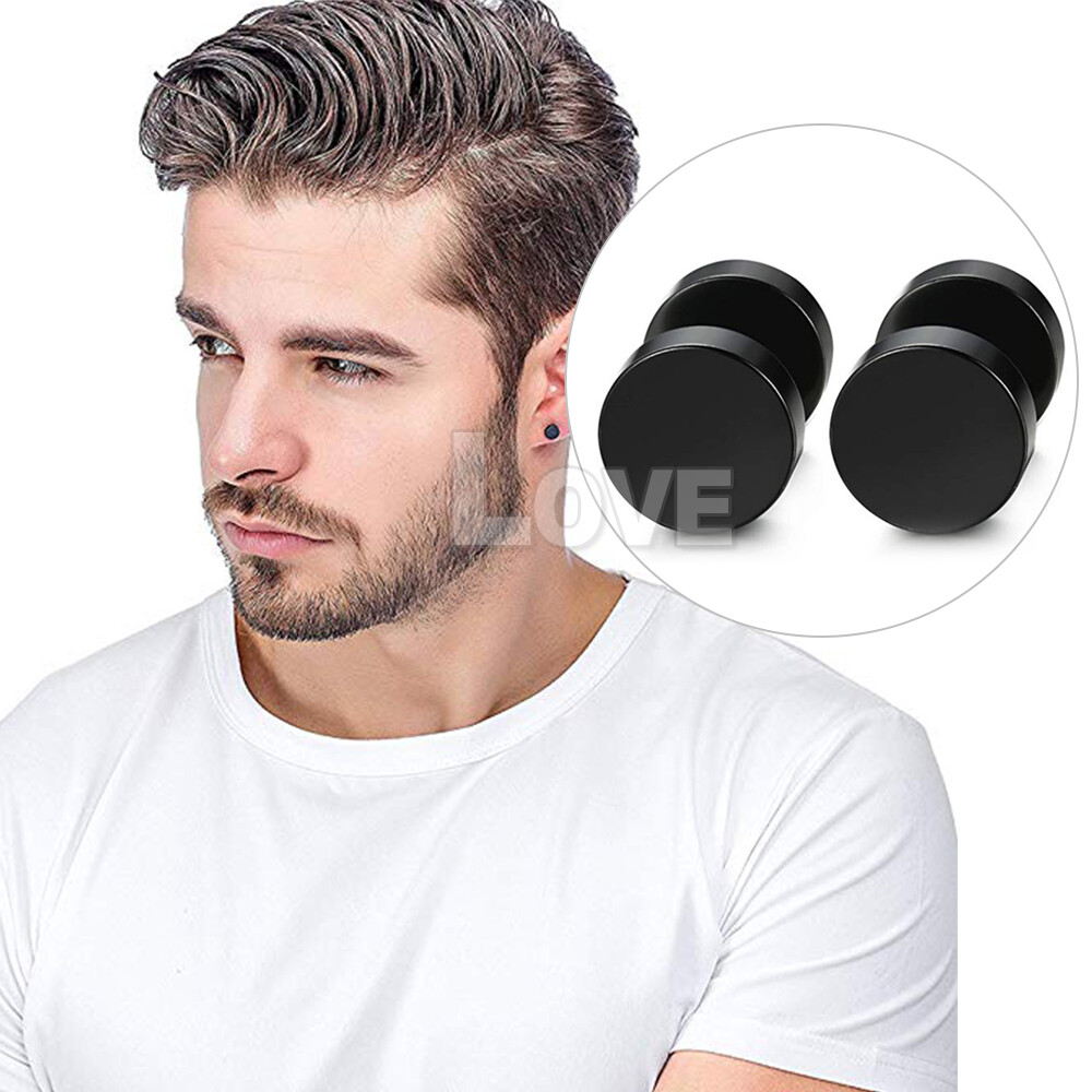 PAIR BLACK FLAT ROUND BARBELL EARRINGS PLUG GYM MENS MM STUD 316