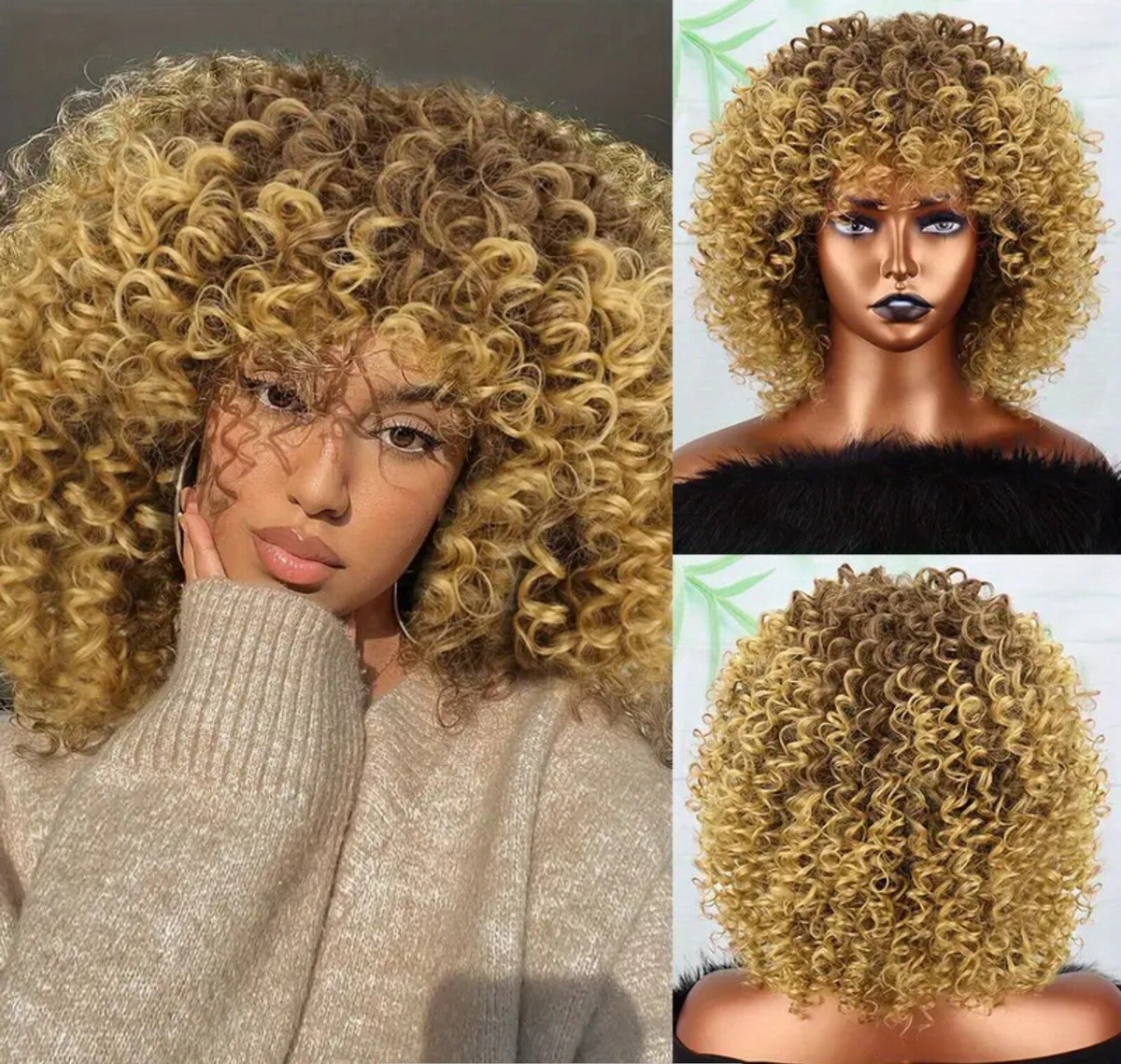 14 Inch Golden Fluffy Afro Curly Wig With Bangs For Women