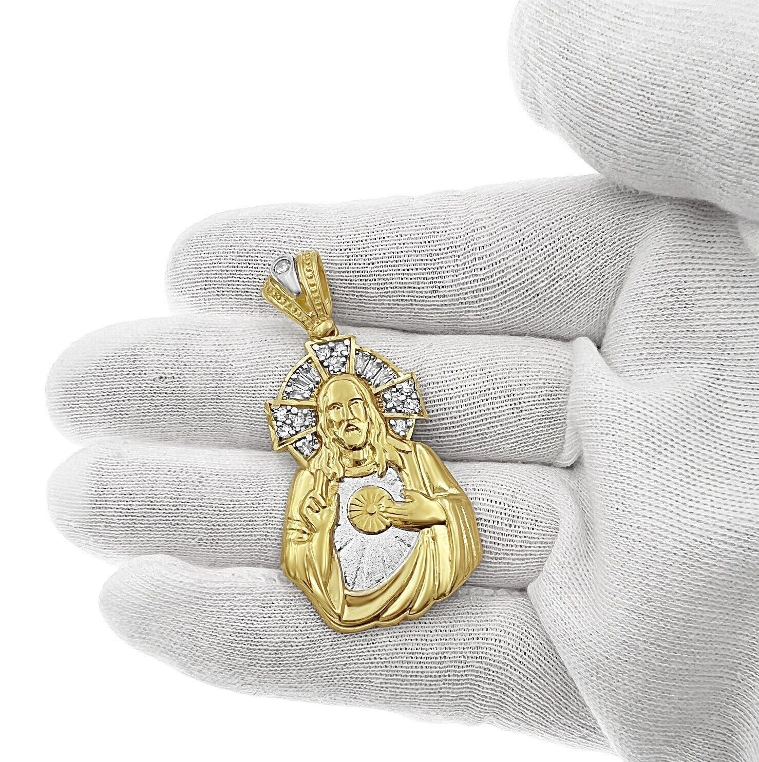 Sacred Heart of  Jesus Pendant Mens 10k Two Tone Gold  CZ Charm 1.9 inch