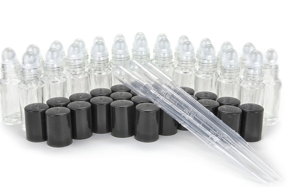 24, Clear, Mini (Approx. 4 ml, 1/8 fl. oz) Glass Roll on Bottles, with 3-3 ml...