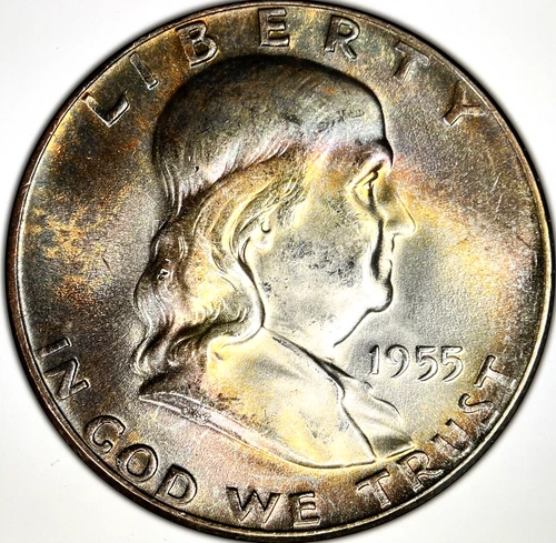 1955 Toned Franklin Half $ PCGS MS64 FBL💎💎Very Rare Dual Sided Toning💎💎VIDEO